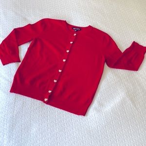 Cable & Gauge red cardigan sweater; size S; rhinestone heart buttons